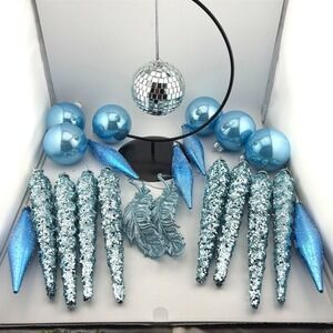 Blue Christmas Ornament Set Icicles Disco Ball Feathers Glitter Baubles 20+ Pc